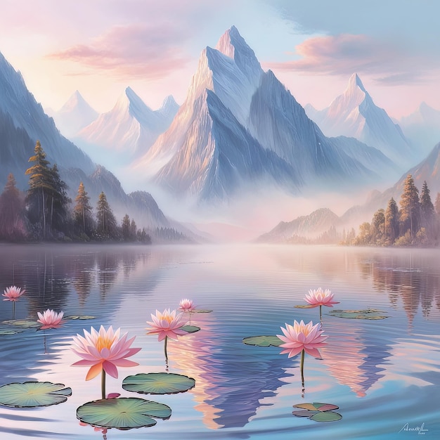 A Tranquil Lake Reflecting Towering Mountains Under Ethereal Morning Light