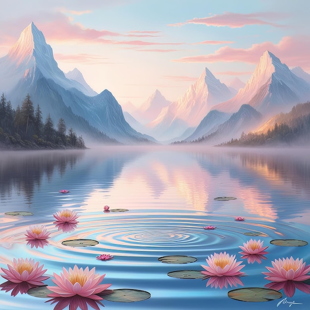 A Tranquil Lake Reflecting Towering Mountains Under Ethereal Morning Light