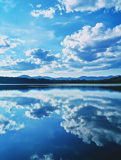 Photo tranquil lake reflection under blue sky with fluffy clouds