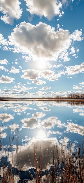 Tranquil Lake Reflection Under Dramatic Cloudy Sky