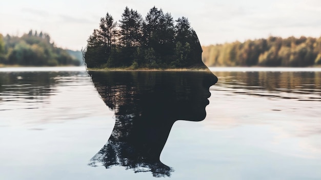 Tranquil lake reflection forming human silhouette at dusk