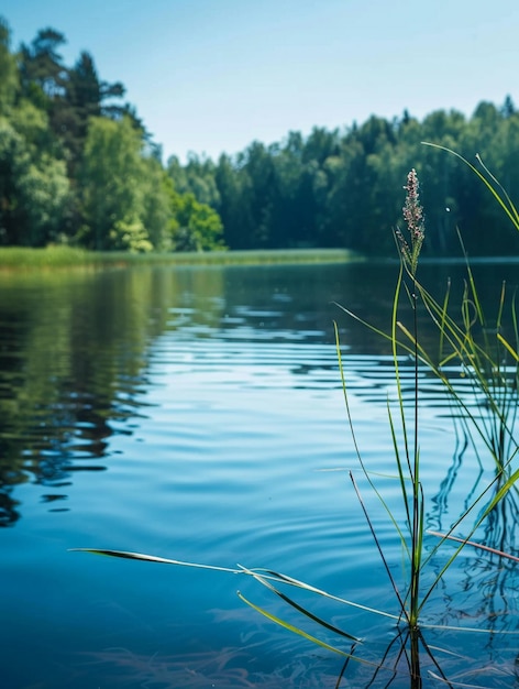 Tranquil Lake Reflection with Lush Greenery and Reeds