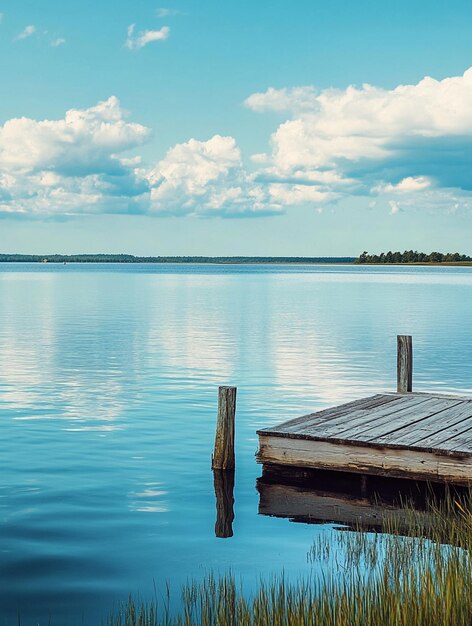 Photo tranquil lake scene with dock and reflections under blue sky