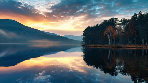 Tranquil lake scene with misty mountains and lush greenery