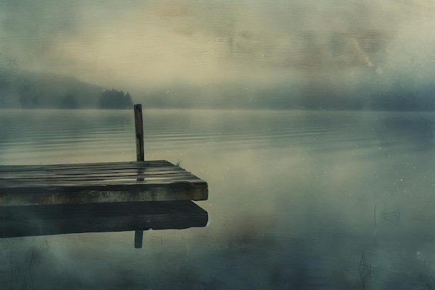 tranquil lake scene with an old wooden dock