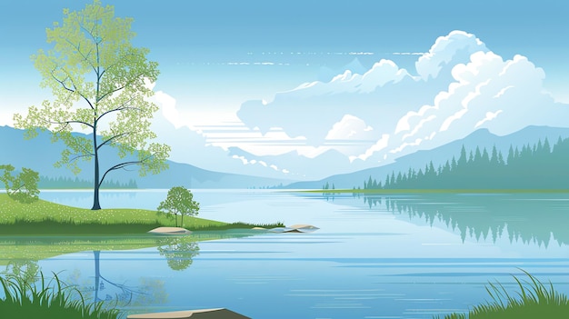 Photo a tranquil lake scene with a single tree on the shore mountains in the distance and a blue sky with fluffy clouds