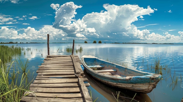 Tranquil lake scene with wooden bridge row boat serene sky for relaxation in natural setting