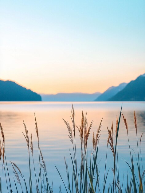 Photo tranquil lake at sunrise with silhouetted grasses and mountains