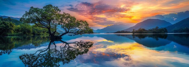 Tranquil lake sunrise with solitary tree and mountain reflection