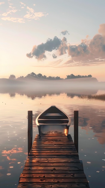 Photo tranquil lake at sunrise with a wooden pier extending out ai generated illustration