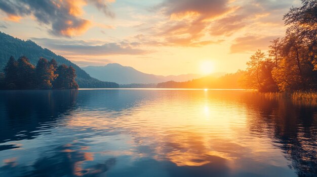 Tranquil Lake Sunset with Mountain Backdrop