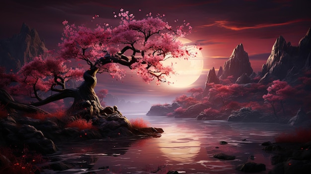 A tranquil lake surrounded by blossoming magnolia trees their large blossoms reflected in the calm water at sunset creating a mystical scene Generative AI