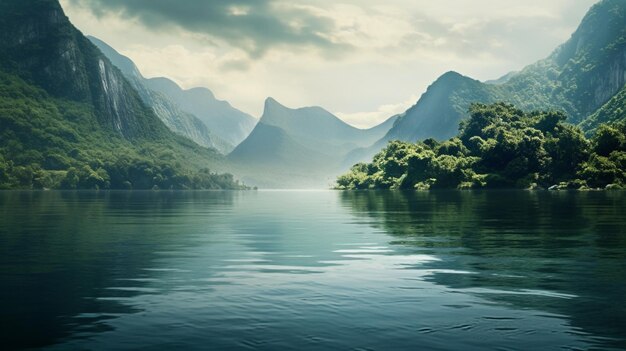 Tranquil lake surrounded by green moun Generative AI