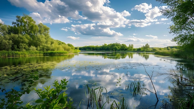 A tranquil lake surrounded by lush greenery with vibrant water reflecting a dramatic Generative AI