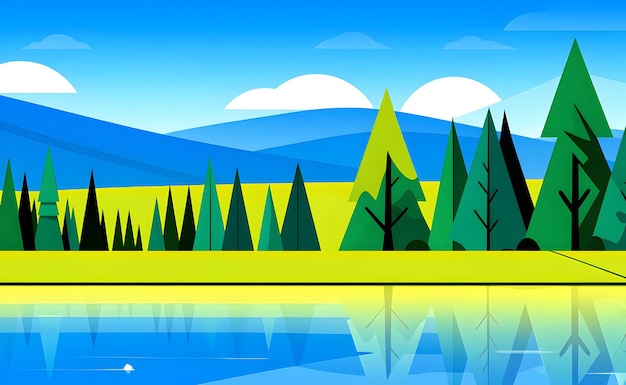 Photo a tranquil lake surrounded by pine trees in flat design with a reflection in the water