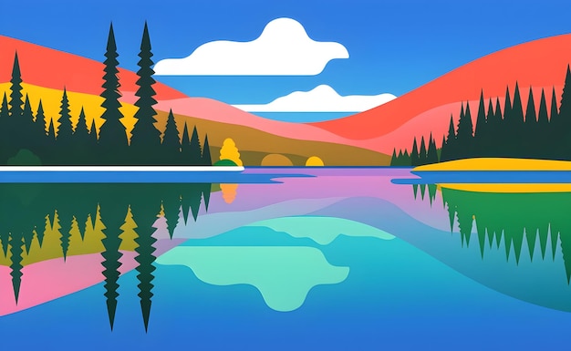 Photo a tranquil lake surrounded by pine trees in flat design with a reflection in the water