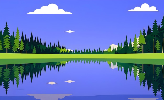 Photo a tranquil lake surrounded by pine trees in flat design with a reflection in the water