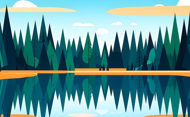 Photo a tranquil lake surrounded by pine trees in flat design with a reflection in the water