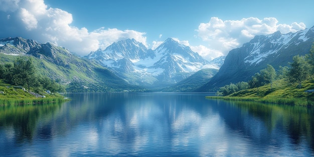 Tranquil Lake Surrounded by Snowcapped Mountains