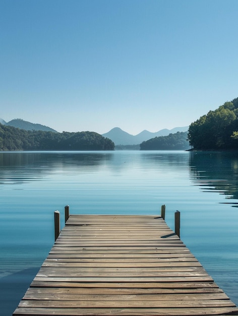 Photo tranquil lake view with wooden dock and mountain reflections