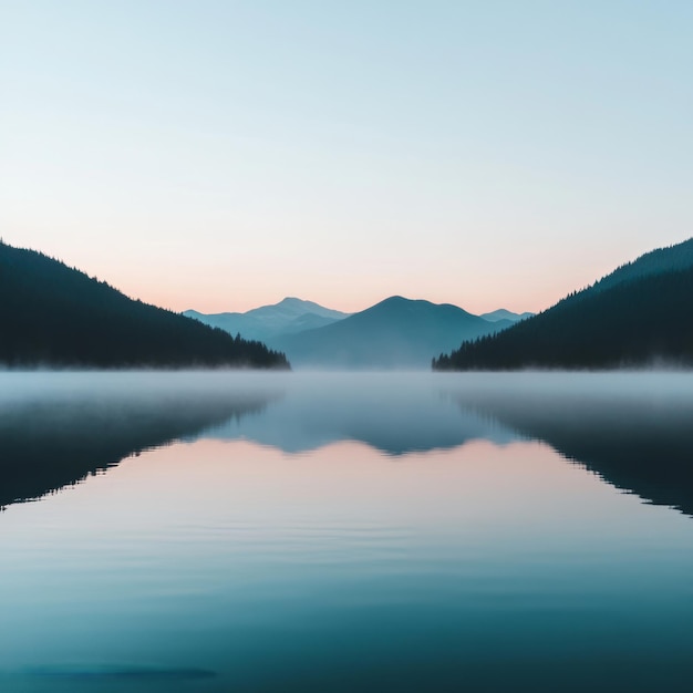 Tranquil lake with fog mountains and sky