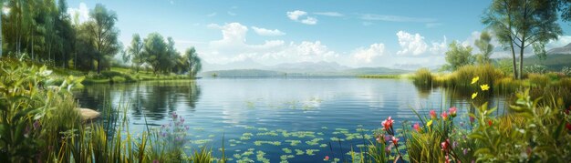 Tranquil Lake with Lush Vegetation and Flowers