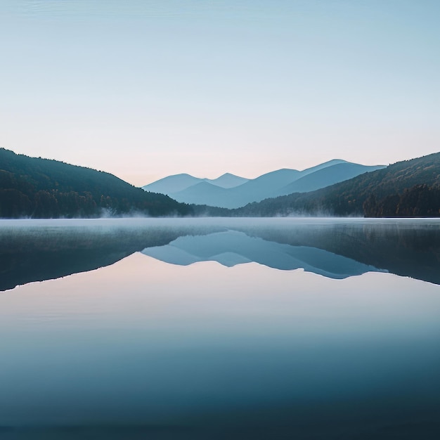 Tranquil lake with mountain reflection and morning mist