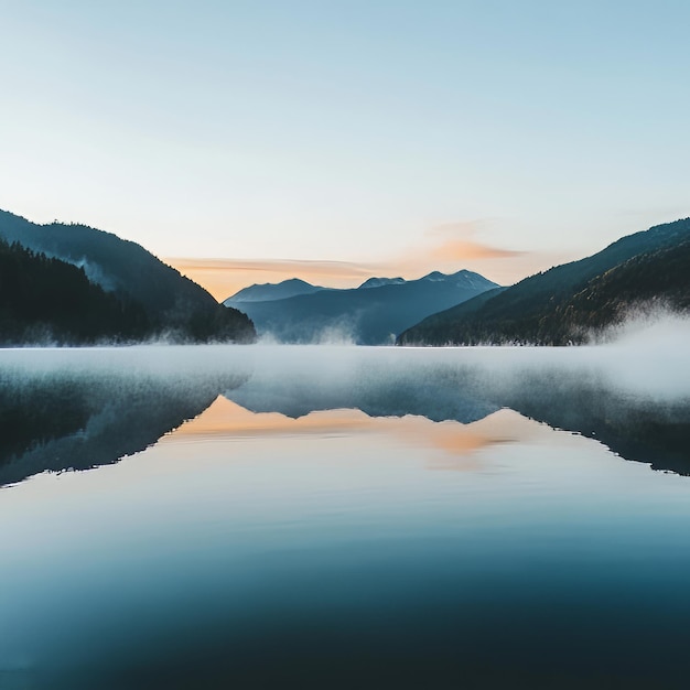 Tranquil lake with mountains and fog reflecting in the water at sunrise