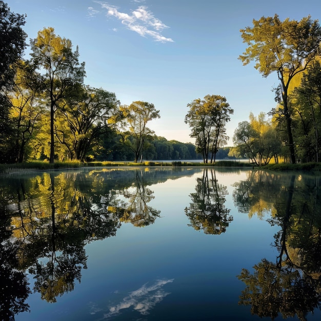 Tranquil lake with trees reflected in the still water at sunrise