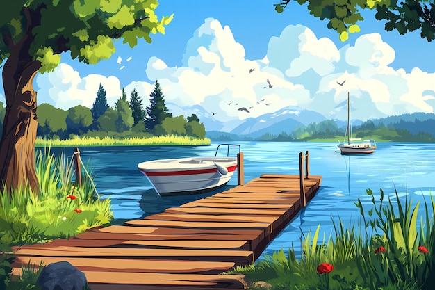 Photo tranquil lake with a wooden dock and sailboat in the distance