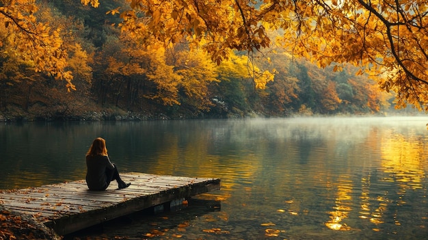 Photo tranquil lakeside autumn scenery with misty reflections and golden foliage