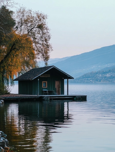 Photo tranquil lakeside cabin at dusk serene nature retreat