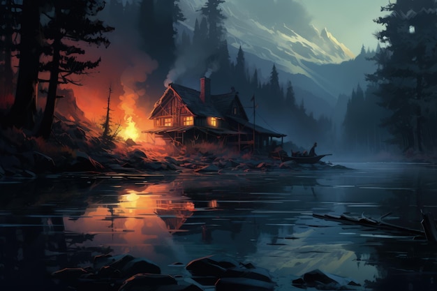 Tranquil Lakeside Cabin in Misty Morning Generative AI