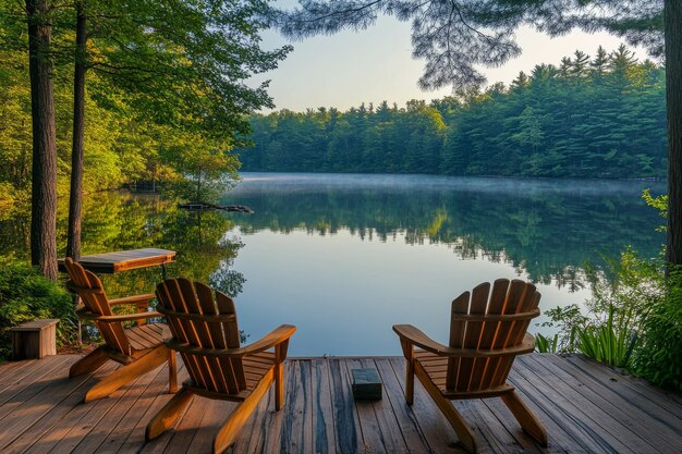 Photo tranquil lakeside cabin retreatadirondack chairs in gentle morning light