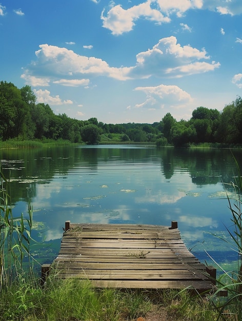 Tranquil Lakeside Dock Under Blue Sky and Fluffy Clouds