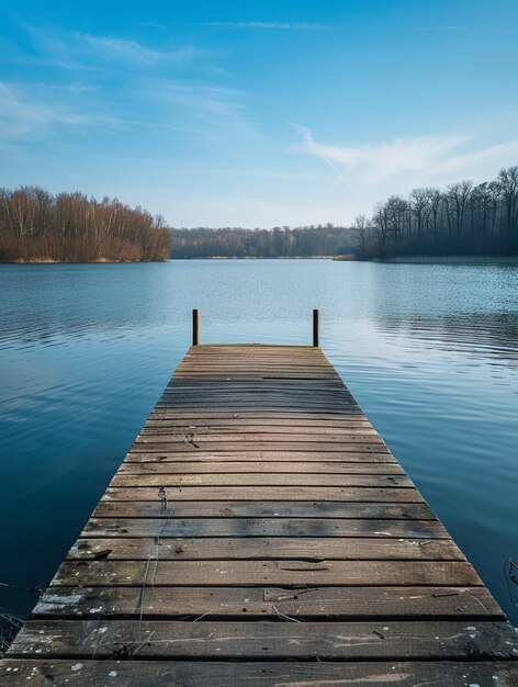 Photo tranquil lakeside dock under clear blue sky