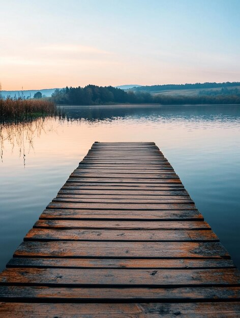 Photo tranquil lakeside dock at sunrise serene waterscape for relaxation and nature retreats