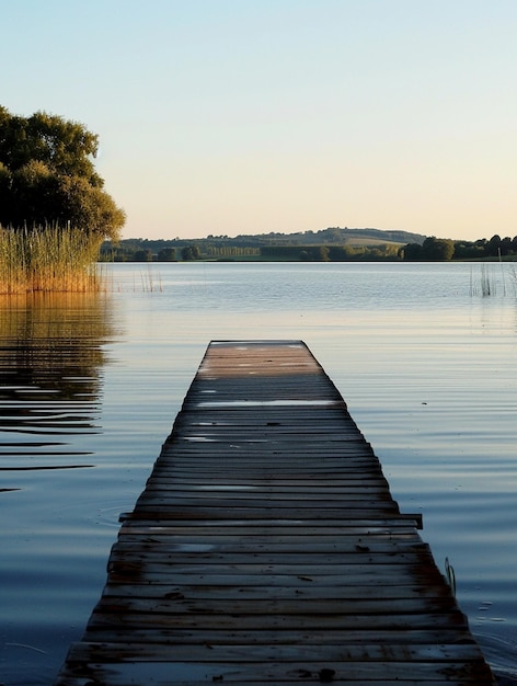 Tranquil Lakeside Dock at Sunset Serene Water Reflection and Nature Escape