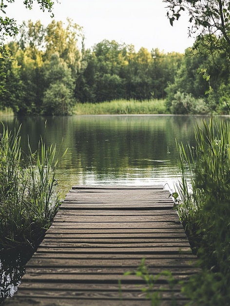 Tranquil Lakeside Dock Surrounded by Lush Greenery