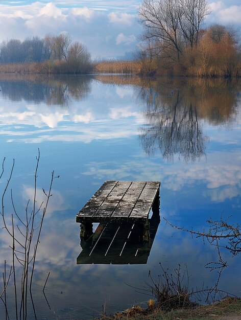 Tranquil Lakeside Dock with Reflective Water and Bare Trees