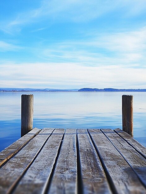 Photo tranquil lakeside dock with serene blue sky reflection