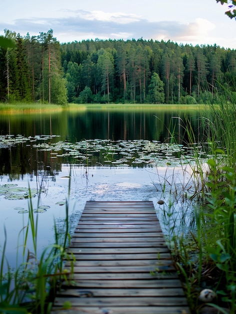 Tranquil Lakeside Retreat Serene Dock Overlooking Calm Waters and Lush Forest