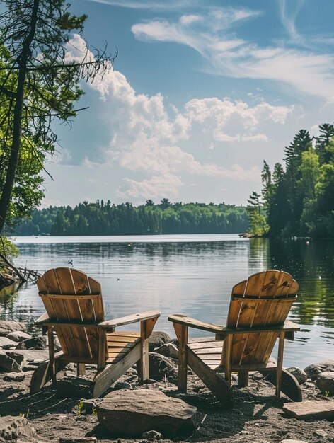 Photo tranquil lakeside retreat with adirondack chairs and scenic view