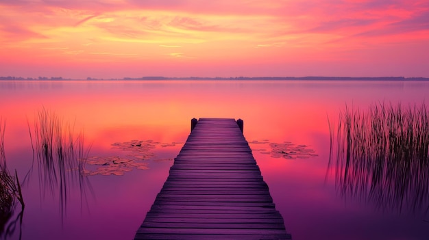 Photo a tranquil lakeside scene at sunset with the calm water reflecting the warm hues of the sky a sm