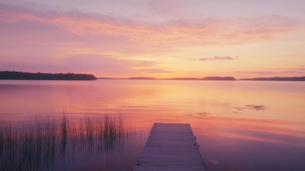 Photo a tranquil lakeside scene at sunset with the calm water reflecting the warm hues of the sky a sm