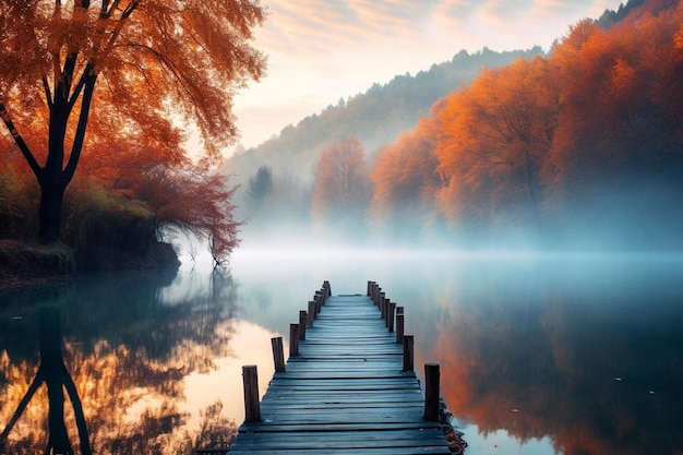 Tranquil lakeside scene with a wooden dock and dis