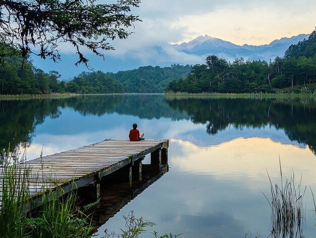 Photo tranquil lakeside scenery with mountain view and wooden dock in nature landscape