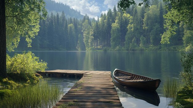 Tranquil Lakeside Serenity Wooden Pier Rowboat and Forest