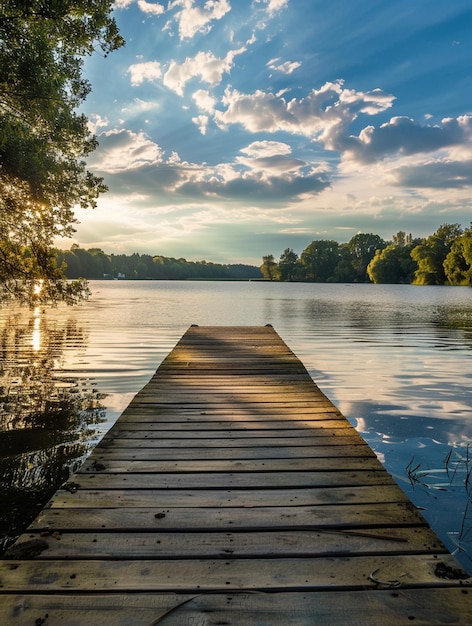 Tranquil Lakeside Sunset with Wooden Dock and Reflections