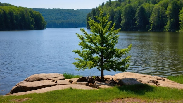 Tranquil lakeside with forest and cloudy sky